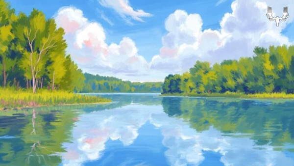 Painted lake with tree-lined shore, blue sky and white clouds reflected; MeatEater logo