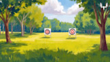 Two archery targets in sunlit meadow framed by trees, MeatEater logo top-right