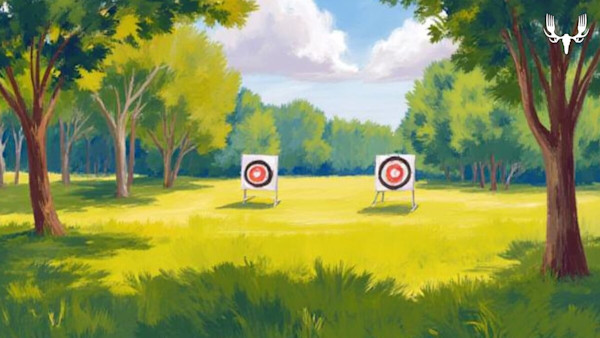 Two archery targets in sunlit meadow framed by trees, MeatEater logo top-right