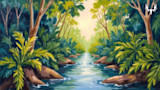 Tropical river and rocks painting, dense green foliage, MeatEater antler logo top-right