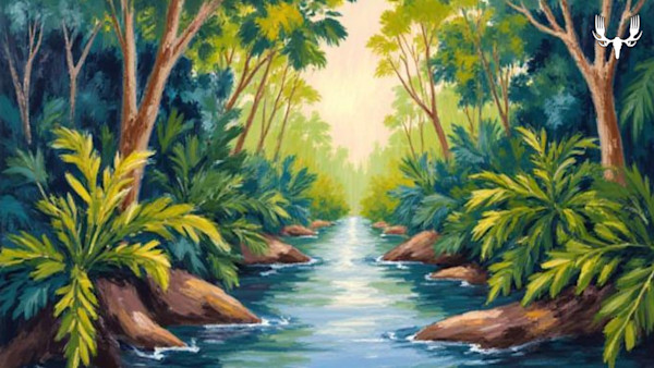 Tropical river and rocks painting, dense green foliage, MeatEater antler logo top-right