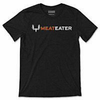 Black tee with white deer-skull antler logo and "MEATEATER" text (MEAT orange, EATER white)