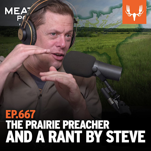 Steven Rinella speaking into microphone; overlay text "EP.667 THE PRAIRIE PREACHER AND A RANT BY STEVE"