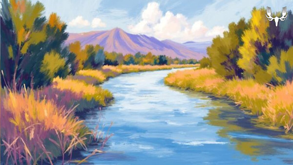 Painted river winding through golden grasses and trees toward purple mountains