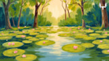 Painted pond with lily pads and pink blossoms, sunlit tree-lined background; MeatEater logo top-right