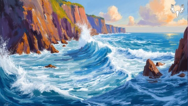 Painted seascape of waves crashing against rocky coastal cliffs