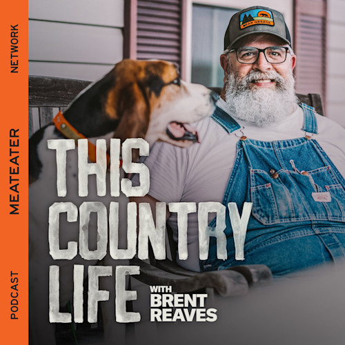 Bearded man in cap and overalls on porch bench with hound; text "THIS COUNTRY LIFE with BRENT REAVES"