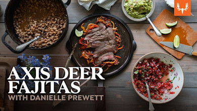 AXIS DEER FAJITAS WITH DANIELLE PREWETT — sliced deer fajitas in skillet with beans, guacamole, pico