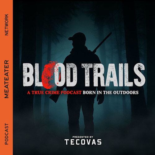 BLOOD TRAILS, silhouette of hunter carrying a rifle in a foggy forest