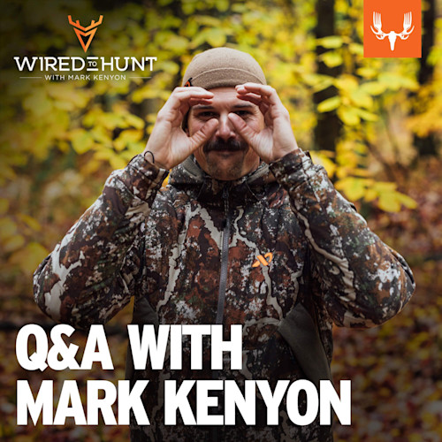 Q&A WITH MARK KENYON; WIRED TO HUNT overlay; man in camouflage making binocular hands in autumn woods