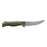 Boning knife with olive-green handle and curved blade labeled CPM-154