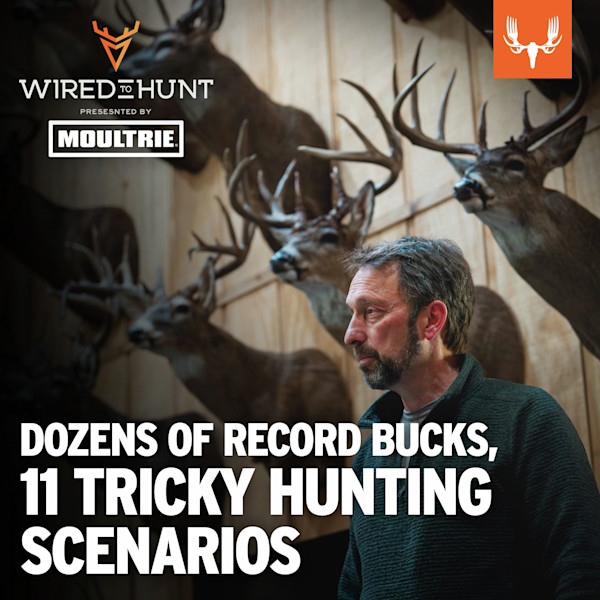 Wired to Hunt presented by MOULTRIE; man in profile before a wall of mounted deer heads