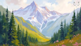 Painted mountain valley with snow-capped peak, evergreen trees and pink wildflowers; MeatEater logo top right