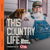 Bearded man in overalls with dog on porch; text "THIS COUNTRY LIFE" and "WITH BRENT REAVES"