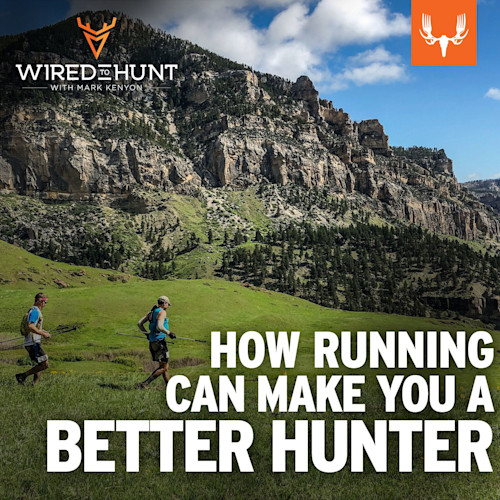 HOW RUNNING CAN MAKE YOU A BETTER HUNTER; two runners with trekking poles in grassy meadow beneath rocky cliffs