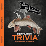 Squirrel riding a carp with banner "Game On, Suckers!"; MEATEATER TRIVIA with SPENCER NEUHARTH
