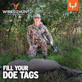 Hunter in camouflage kneeling with compound bow beside two does; overlay text WIRED TO HUNT and FILL YOUR DOE TAGS
