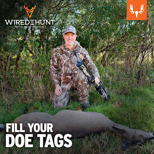 Hunter in camouflage kneeling with compound bow beside two does; overlay text WIRED TO HUNT and FILL YOUR DOE TAGS