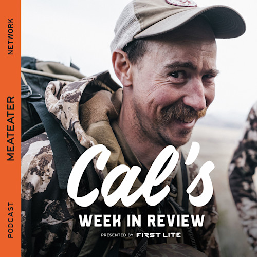 Smiling mustached man in cap and camo beside text Cals WEEK IN REVIEW and vertical MEATEATER