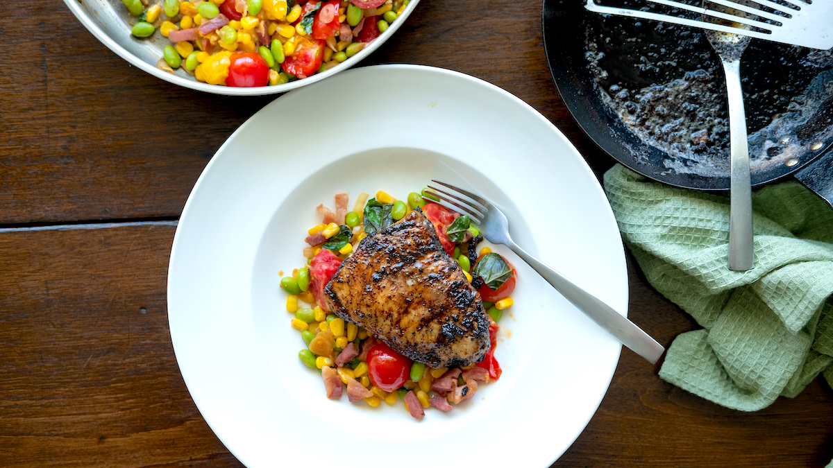 Miso Butter-Basted Cobia with Summer Succotash