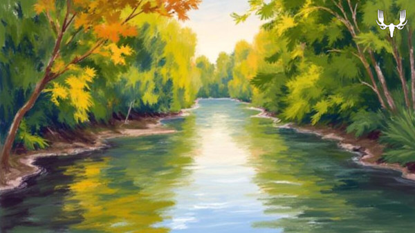 Oxbow river with green and yellow trees reflecting in calm water, MeatEater antler skull logo in corner