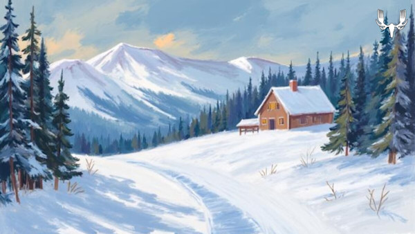 Snowy mountain scene with cabin, pine trees, and a snow track leading to it