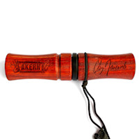 Padauk wooden grunt-and-bleat call engraved "AKERN" and signed "Clay Newcomb" with braided lanyard