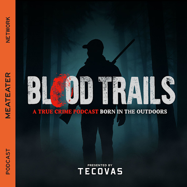 BLOOD TRAILS, silhouette of hunter carrying a rifle in a foggy forest