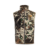 First Lite Sawtooth hybrid vest, camo pattern, full front zipper, chest zip zippered pocket