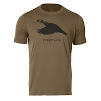 First Lite brown Aerowool tee with black flying duck graphic and 'FIRST LITE' text