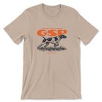 Tan T-shirt with orange "TRUST THE POINT" above large "GSP", black pointing-dog graphic and "MEATEATER"