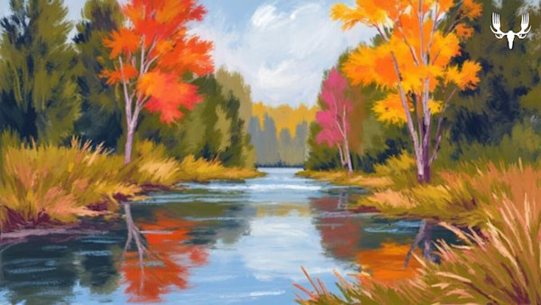 Painting of an autumn river with orange and red trees reflected in calm water; MeatEater logo
