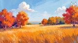 Autumn meadow with golden grass, orange and red trees under blue sky with a cloud; MeatEater logo top right