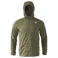 First Lite Navigator hoody, olive insulated pullover with chest zipper and fleece-lined hood