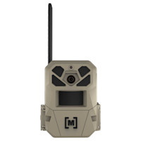 Cellular trail camera with antenna, lens, motion sensor, and [M] logo