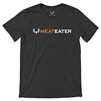 Charcoal T-shirt with antler skull logo and 'MEATEATER' (MEAT orange, EATER white)