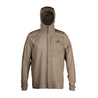 First Lite FlashStorm hooded shell jacket, tan, chest logo, full front zipper