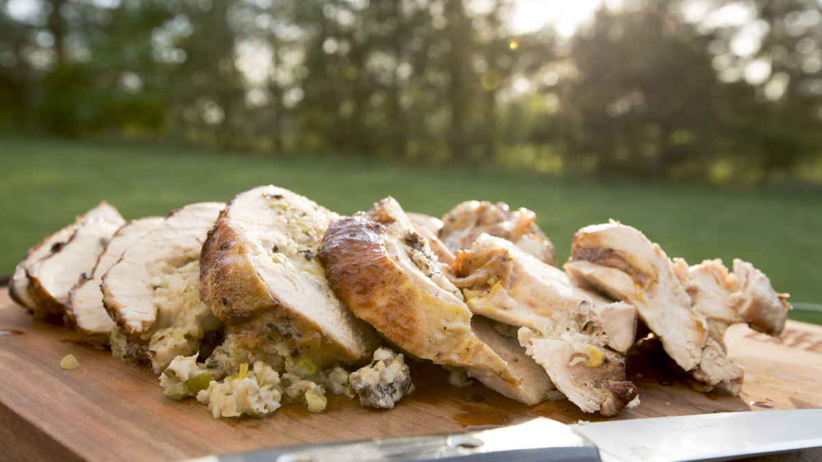 Roasted Turkey with Goat Cheese, Morel, and Leek Stuffing