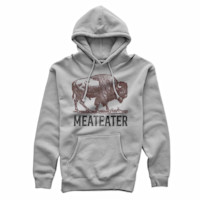 Gray hoodie with brown bison graphic and MEATEATER text