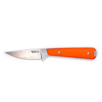 Fixed-blade knife with bright orange handle, blade stamped "MKC USA MADE"