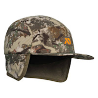 First Lite camouflage Navigator cap with fold-down earflap and orange logo patch