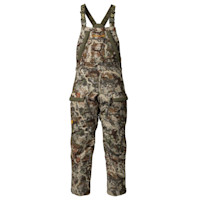 First Lite camouflage thermic bib with adjustable suspenders and zippered chest and thigh pockets