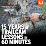 Trail camera on tree being adjusted; WIRED TO HUNT presented by MOULTRIE; 15 YEARS OF TRAILCAM LESSONS IN 60 MINUTES