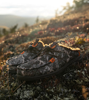 First Lite camo slip-on slippers with faux-fur lining and lace toggle