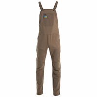 Brown hunting bib overalls with chest zip pocket, adjustable straps, 'BEAR GREASE' patch