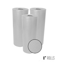 Three textured vacuum sealer bag rolls with visible text "8" ROLLS"