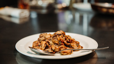 Wild gamebird fricassee on a white plate with a spoon on a dark countertop
