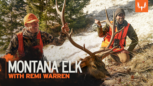 Two hunters holding elk antlers in snowy woods; overlay text: MONTANA ELK WITH REMI WARREN