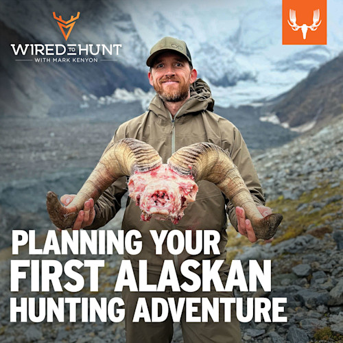 Man holding ram skull with horns in rocky glacier valley; text 'PLANNING YOUR FIRST ALASKAN HUNTING ADVENTURE'