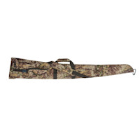 Camouflage gun case with shoulder strap, zippered exterior pocket and plastic buckle